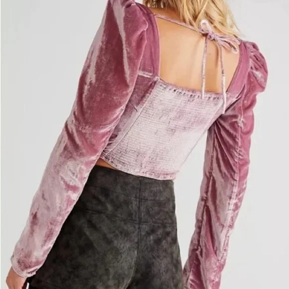Free People • NWOT Mauve Bridgette Velvet Puff Sleeve Corset Style Top Size Med - Picture 11 of 17